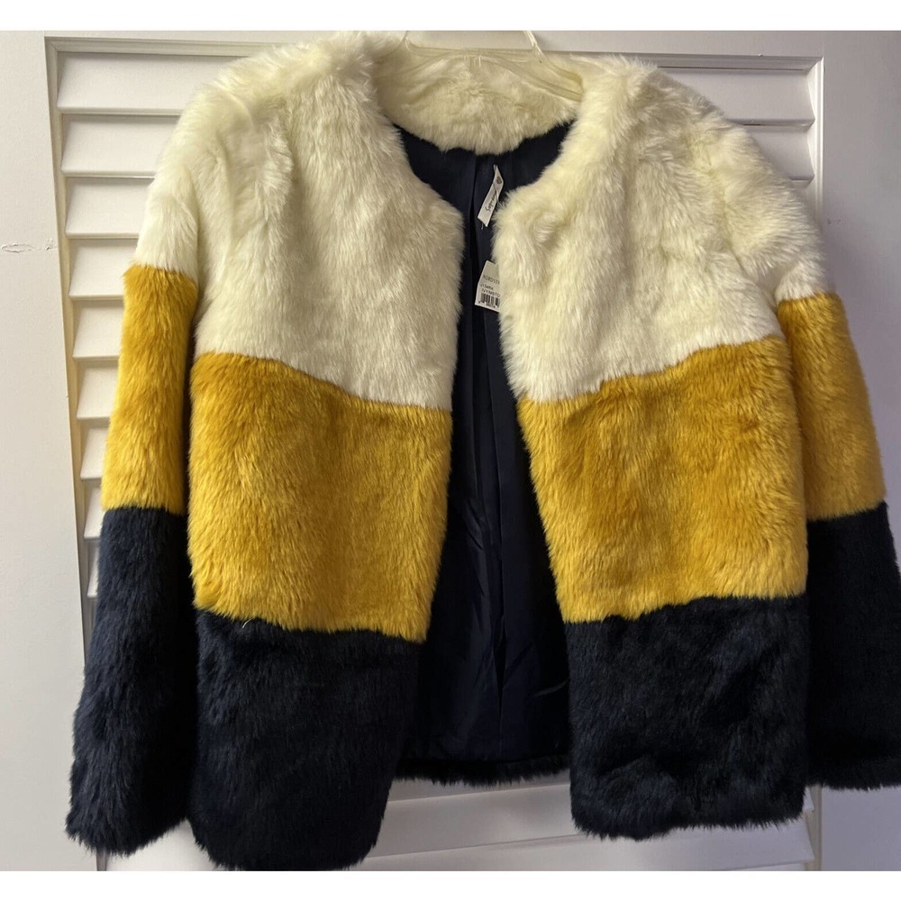 WOMENS SOPRANO FAUX FUR OPEN JACKET COAT Navy/Gold/Cream SIZE XS